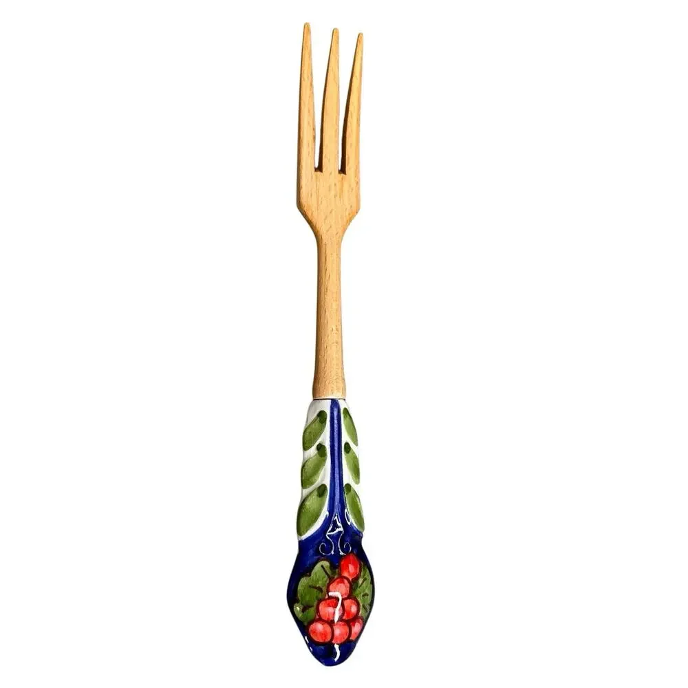 Hand Painted Ceramic Handled Wooden Fork Vintage Retro Ornate ￼